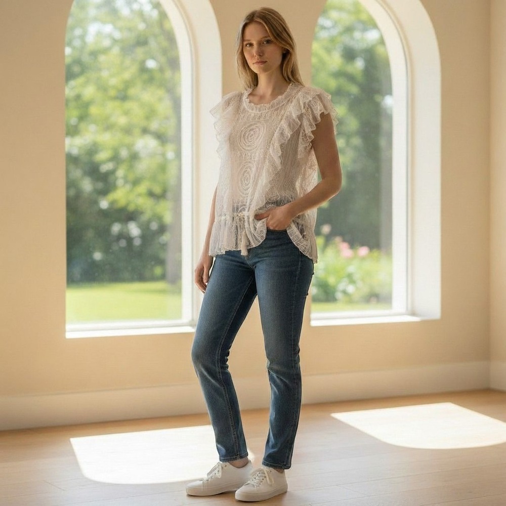 Dondup Embroidered Lace Ruffle Top Women 44 White Polyamide Sheer Boho Italy